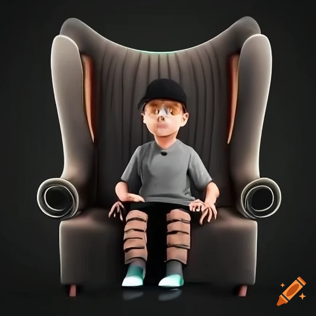 3D illusion of a boy in a black shirt sitting on a Wingback Chair with sneakers and sunglasses
