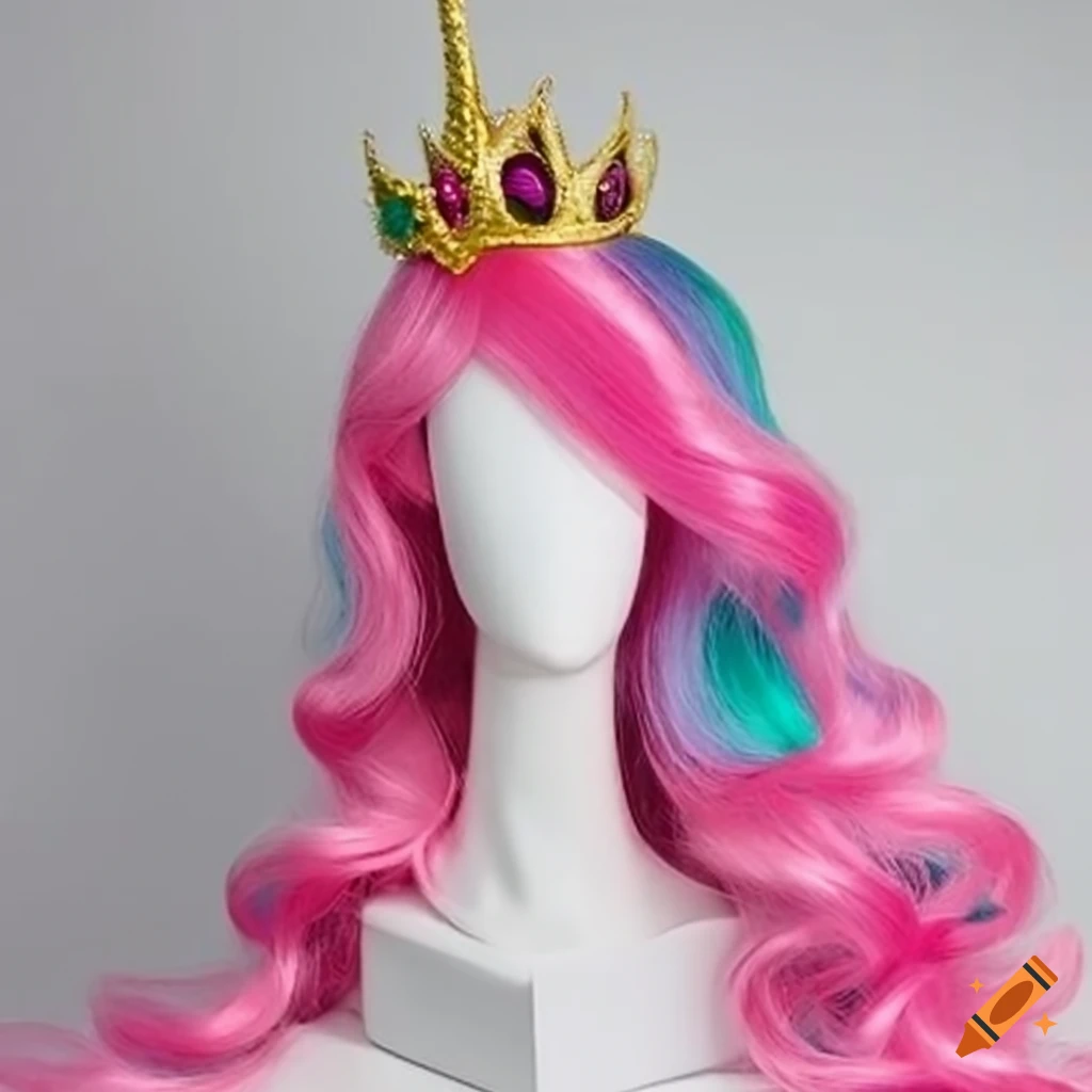 Princess Celestia wig on a mannequin with a crown
