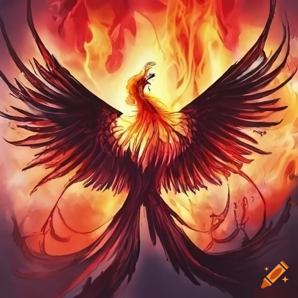 Phoenix covered in black-crimson flames on Craiyon
