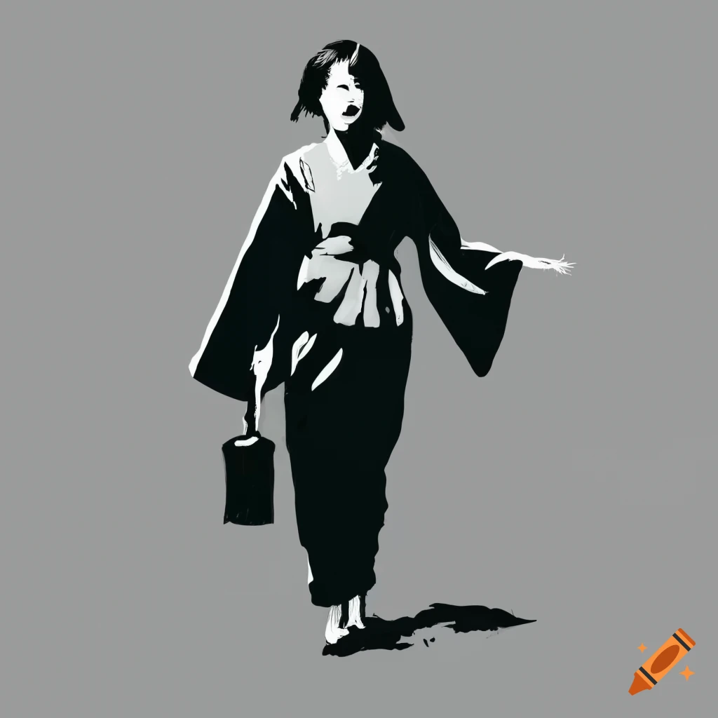 Beautiful Japanese geisha in Banksy style stencil art on white background