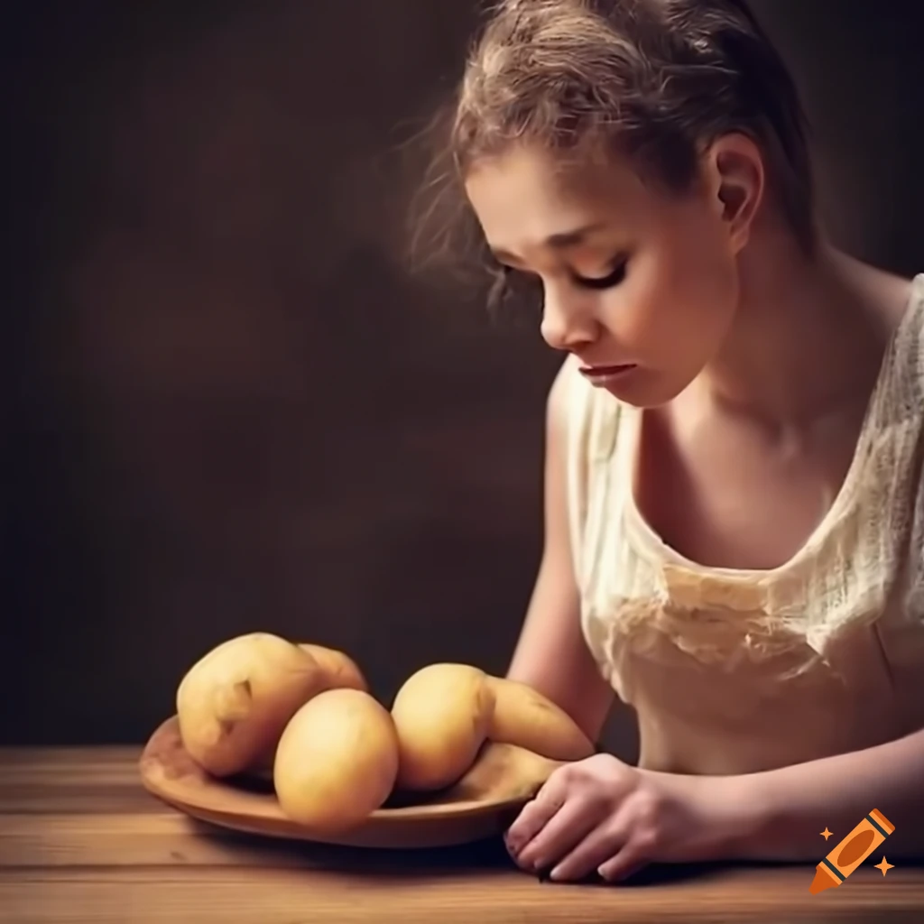 Young lady peeling small potatoes at a rustic wooden table