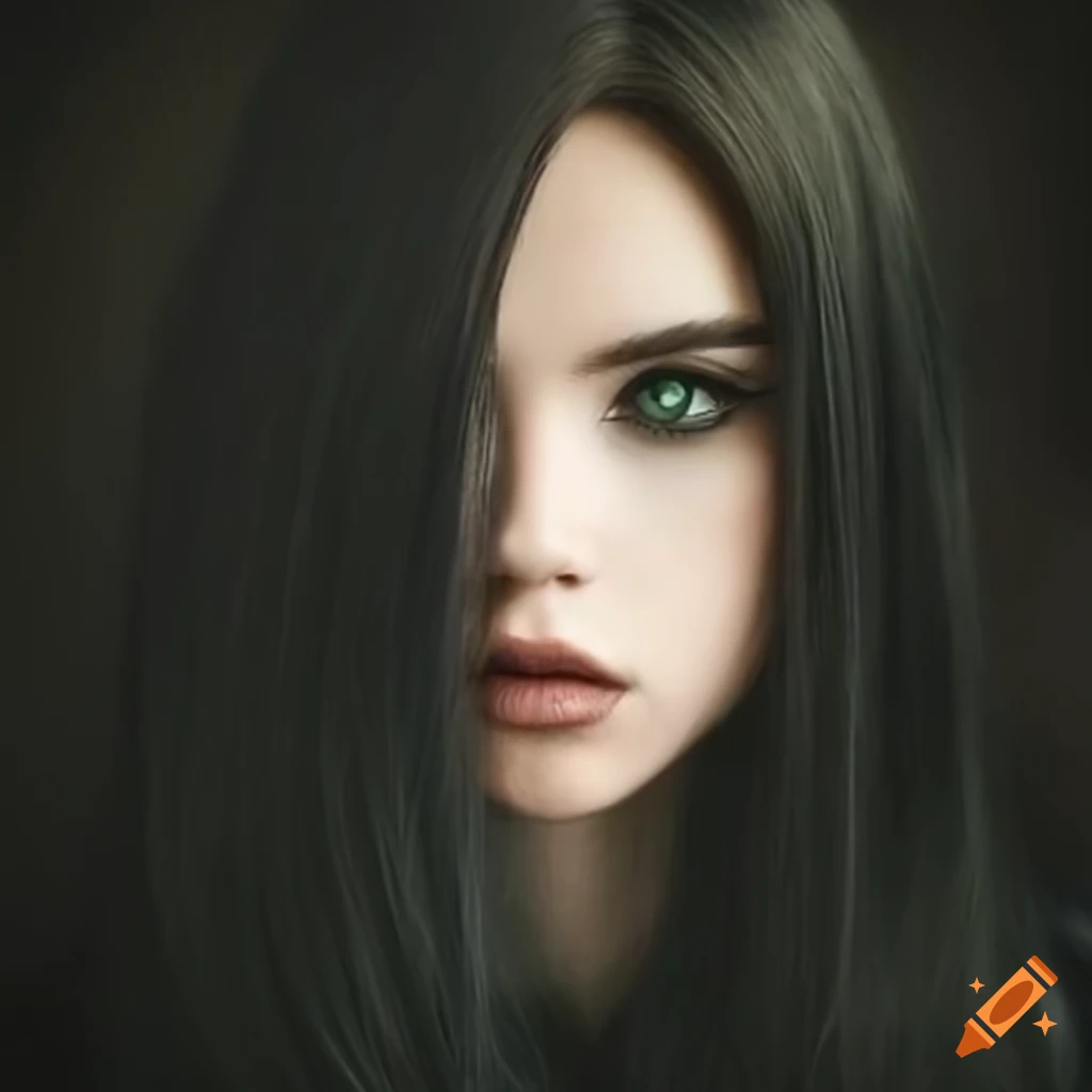 Portrait of a woman with long black hair and green eyes on Craiyon