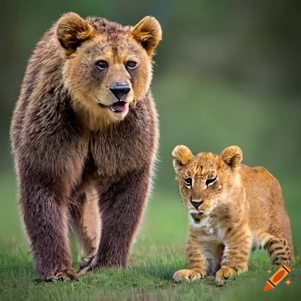 Friendly interaction between a brown bear and a lion cub on Craiyon