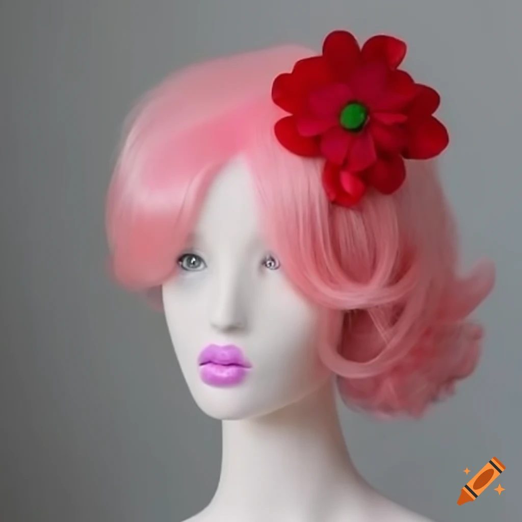 Mannequin with bubblegum wig and red flower charm