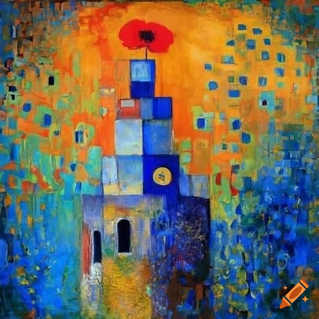 Abstract artwork featuring squares in blue with elements of old towers and poppies