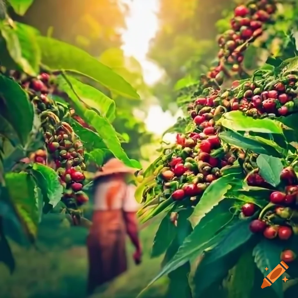 Farmers picking ripe coffee cherries in lush orchard at dawn on Craiyon