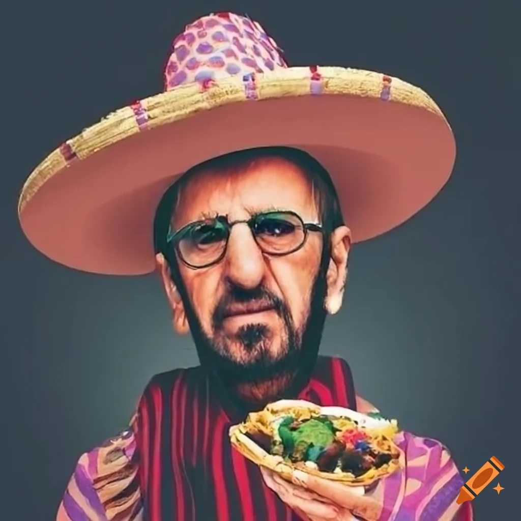 Ringo Starr in a Mexican town surrounded by cactuses and locals, wearing a poncho and sombrero