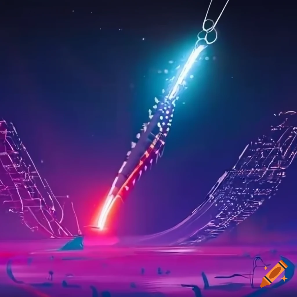 Colorful rockets flying in a futuristic night sky