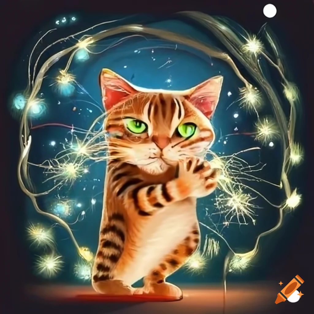 Enchanting cats playing with sparkling fairy lights on Craiyon