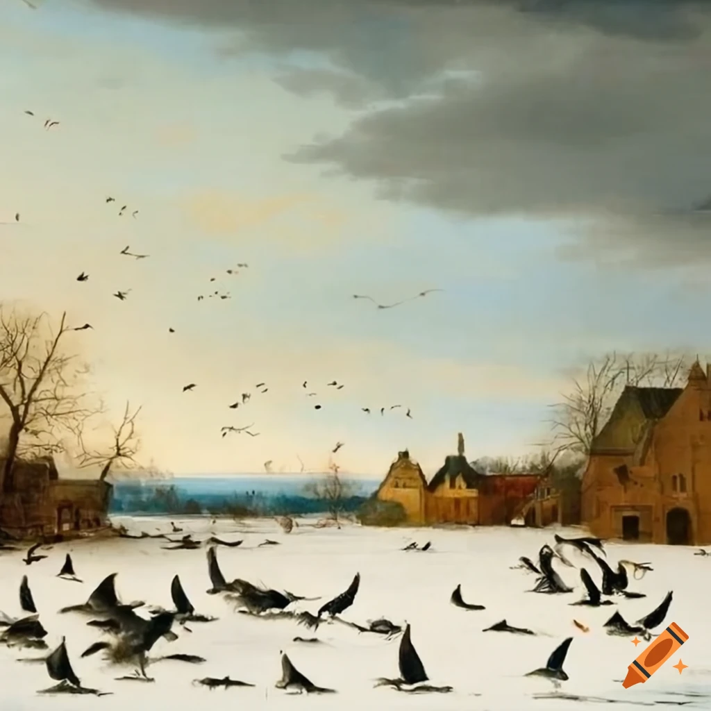 Winter landscape with flying geese and bare trees on Craiyon
