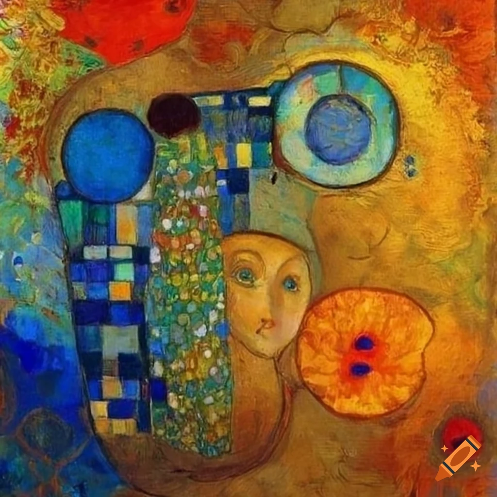 Abstract squares in blue with graphic poppies in yellow and orange