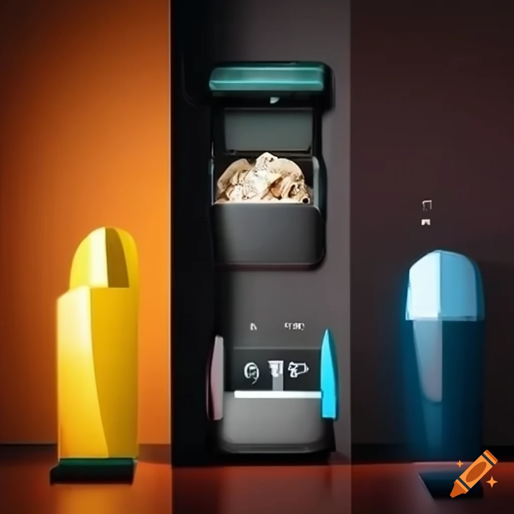 Smart Waste Sorting Bin in a modern kitchen with touchscreens and cameras