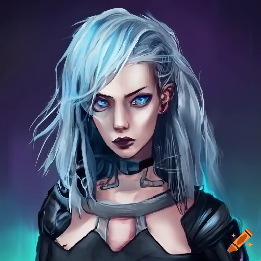 Cyberpunk female netrunner with deep blue eyes and white hair on Craiyon