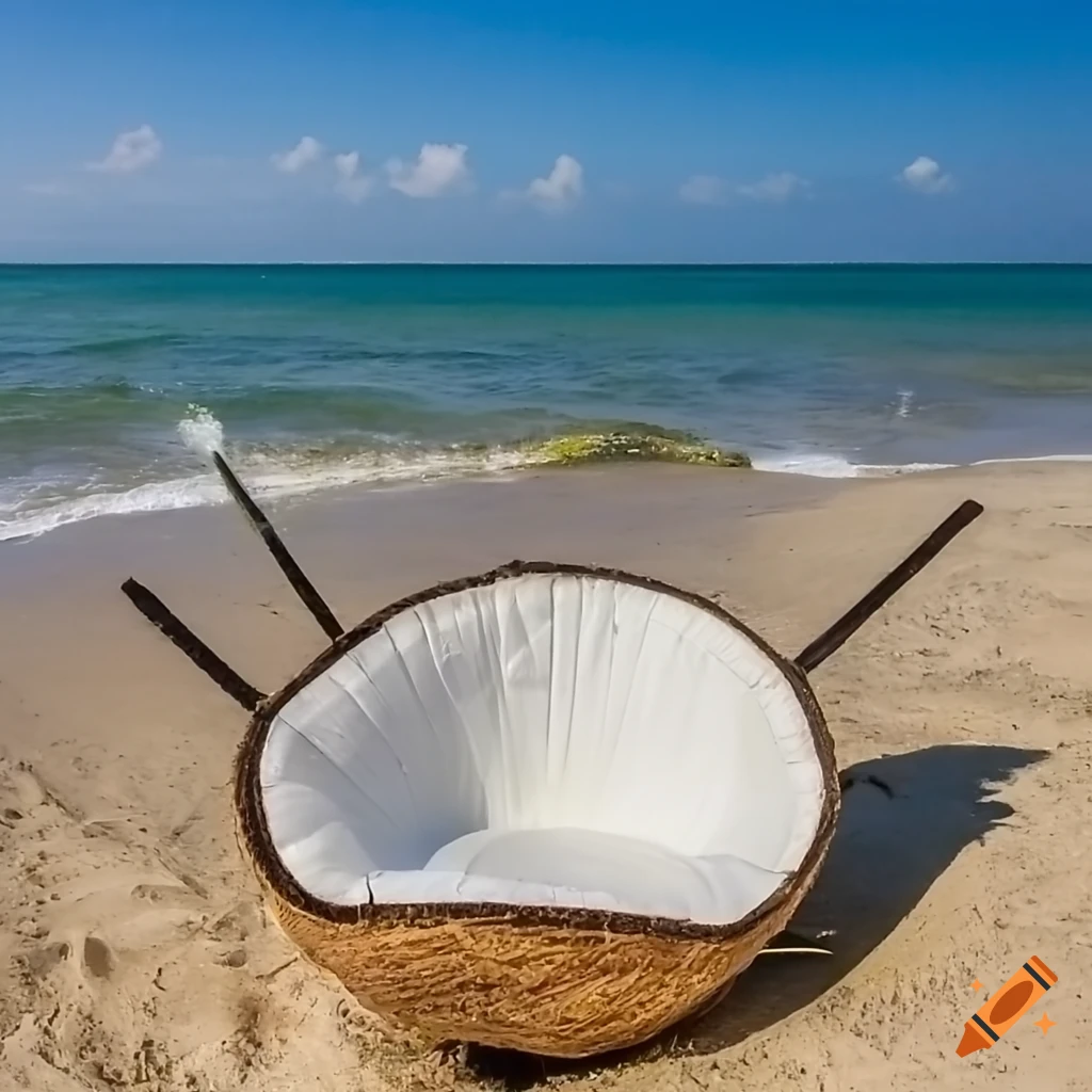 Coconutshaped chair on a sandy beach on Craiyon