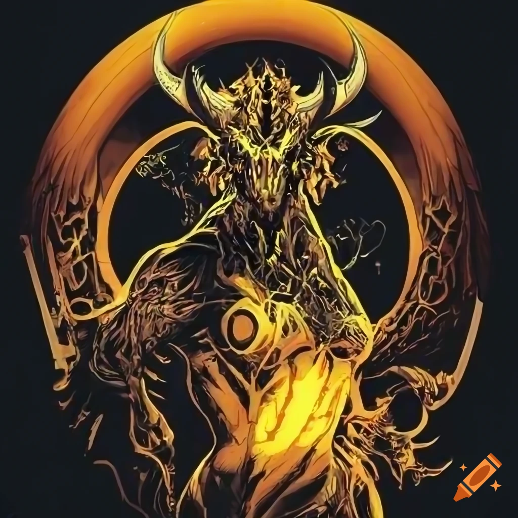 Neon orange and yellow demonic baphomet with wings and a beautiful male face in a fantasy setting