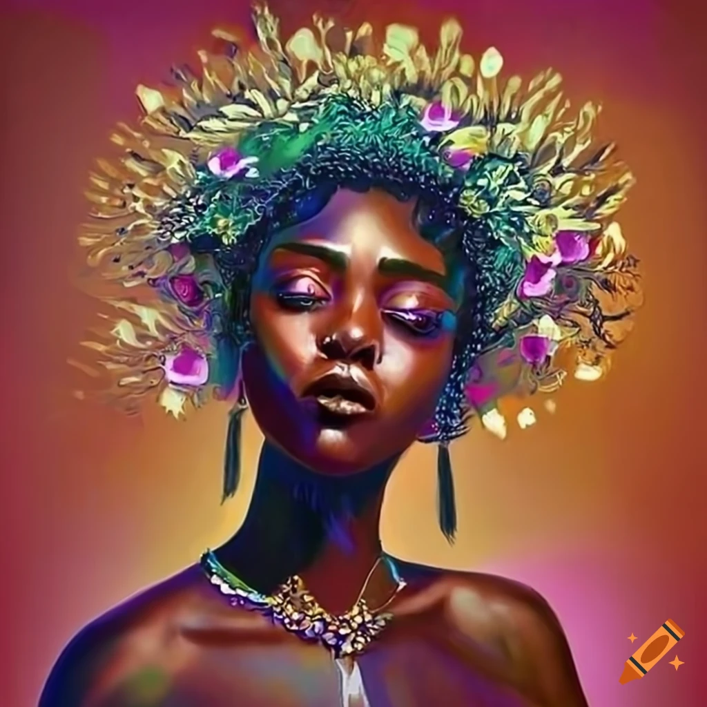 Painting of three women with flowers in their hair in afrofuturism style