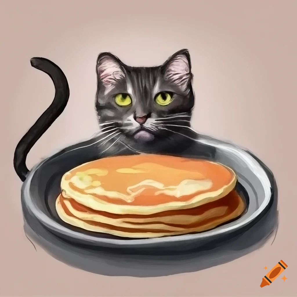 Cat cooking pancakes in black and white drawing on Craiyon