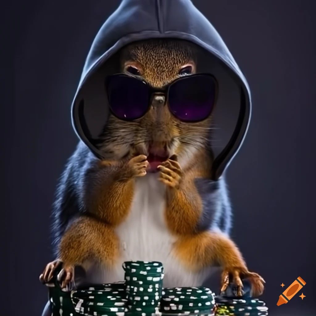 Squirrel playing poker with a hoodie and sunglasses