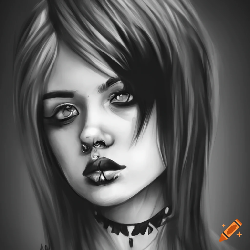 Portrait of a woman with piercing brown eyes and black hair in sketching pencil art style