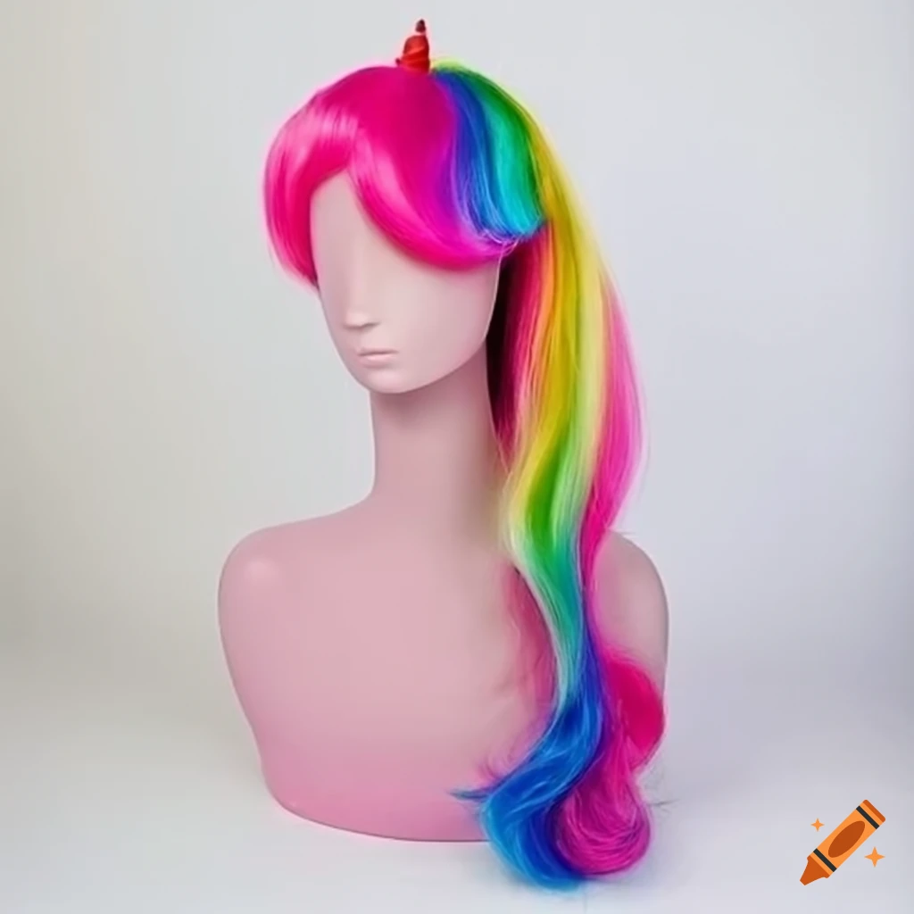 Colorful unicorn ponytail wig on a mannequin