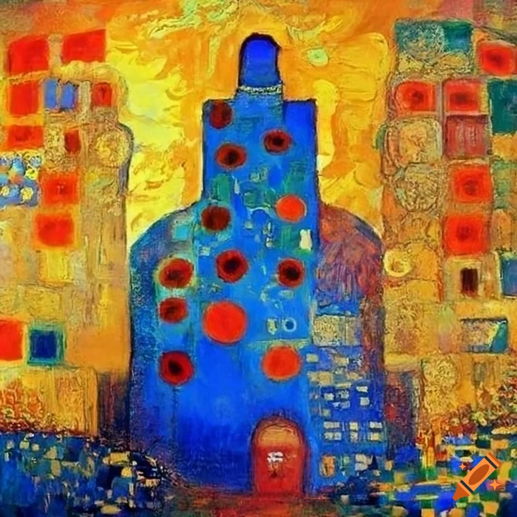 Abstract artwork featuring squares in blue with elements of old towers and poppies