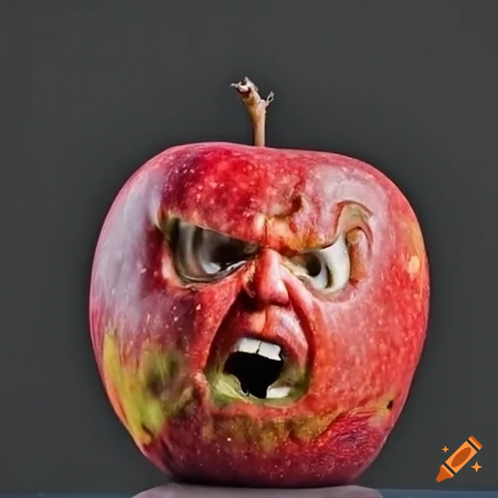 Rotting red apple with a caricature of a famous figure