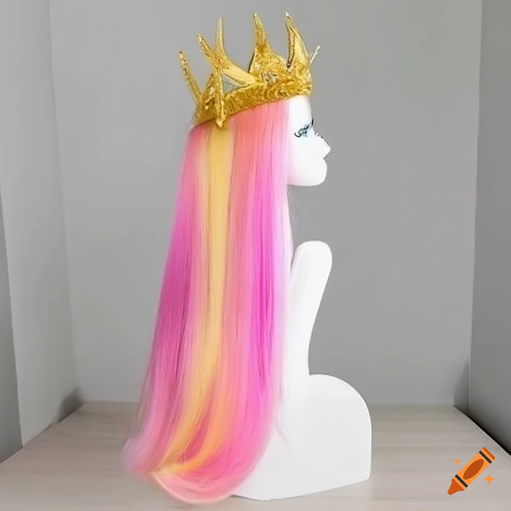 Princess Celestia wig on a mannequin with a crown