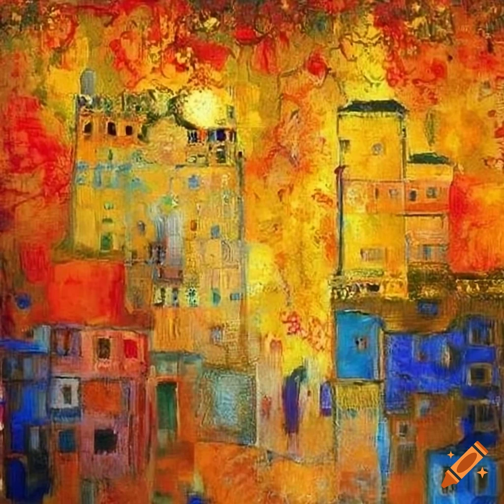 Abstract squares in blue with elements of Victor Nizovtsev and Klimt, graphic representation of Odilon Redon poppies in yellow and orange