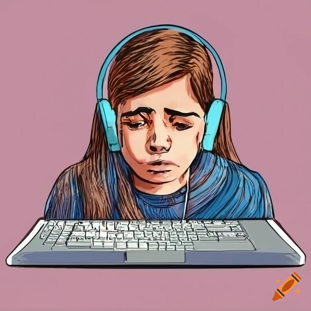 Student wearing headphones and looking at a computer with a tired expression in comic style