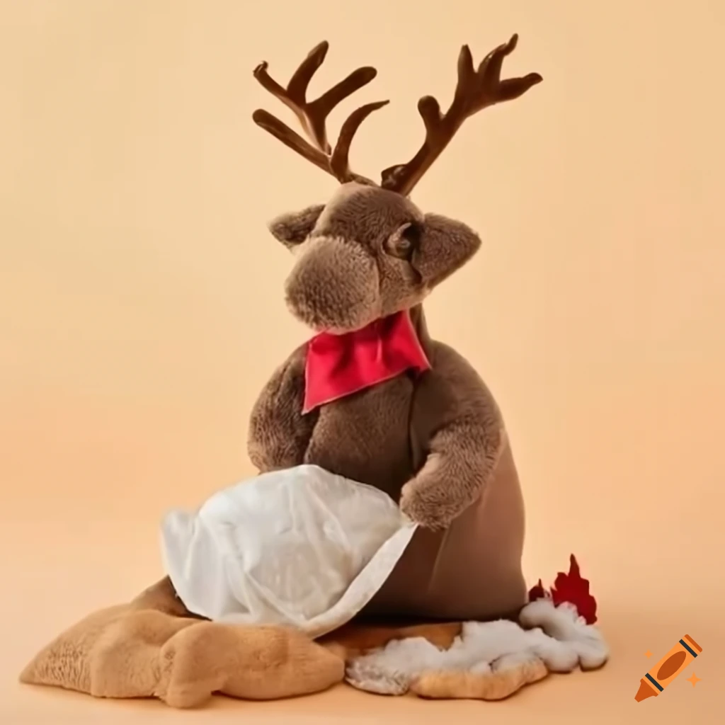 Plush caribou wearing a chef hat near a bag of flour