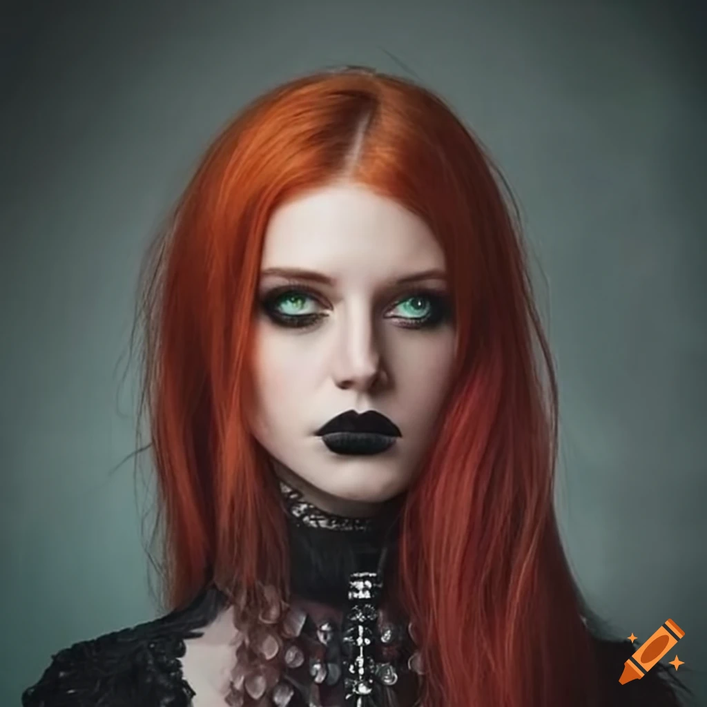 Redhead woman in her 20s with green eyes and gothic style on Craiyon