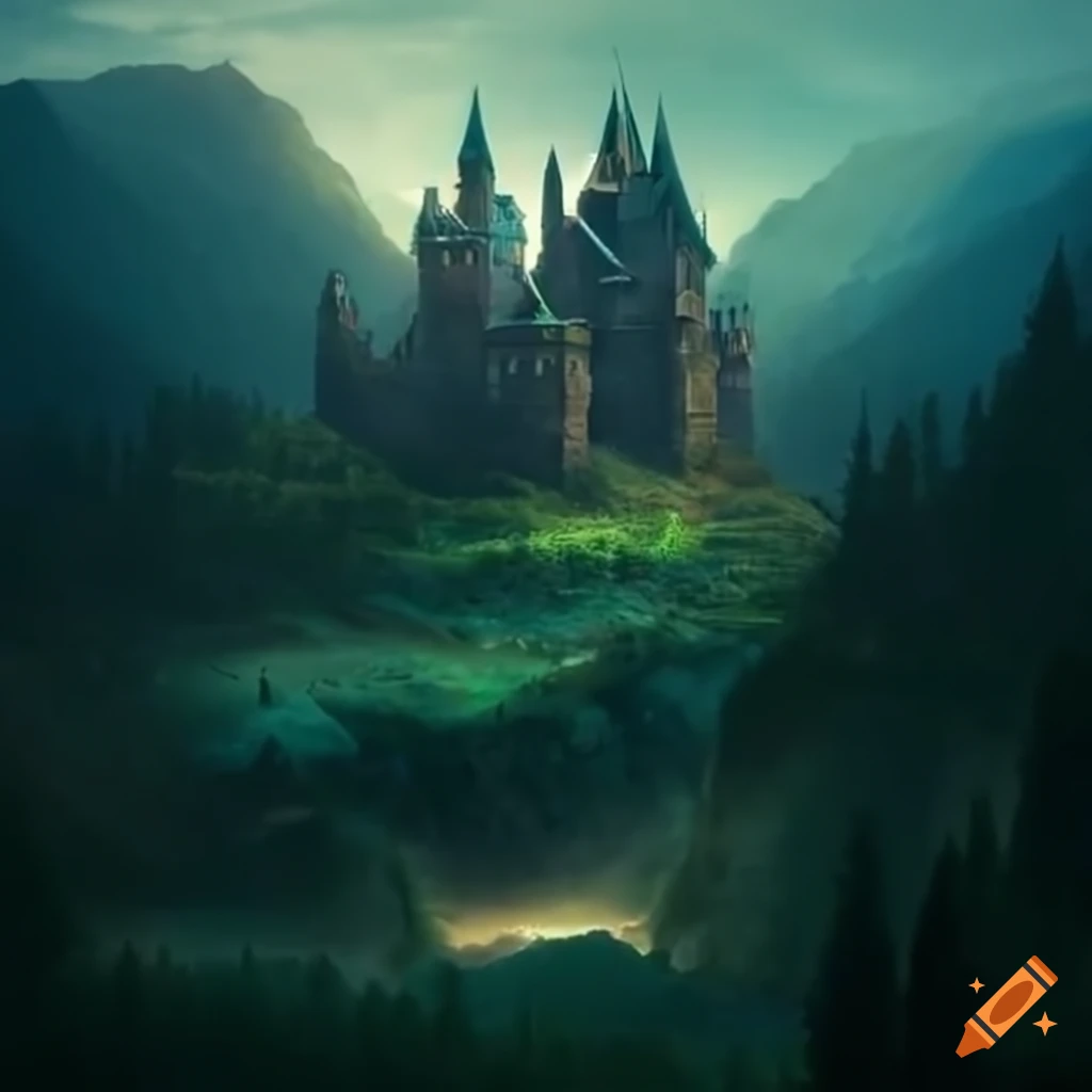Epic fantasy castle nestled in a forested valley on Craiyon