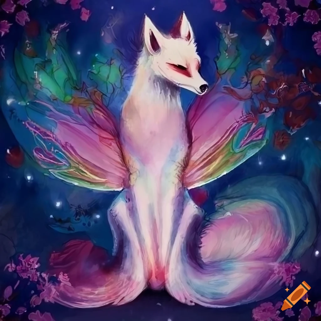 Mystical kitsune with nine elegant tails against a moonlit night sky