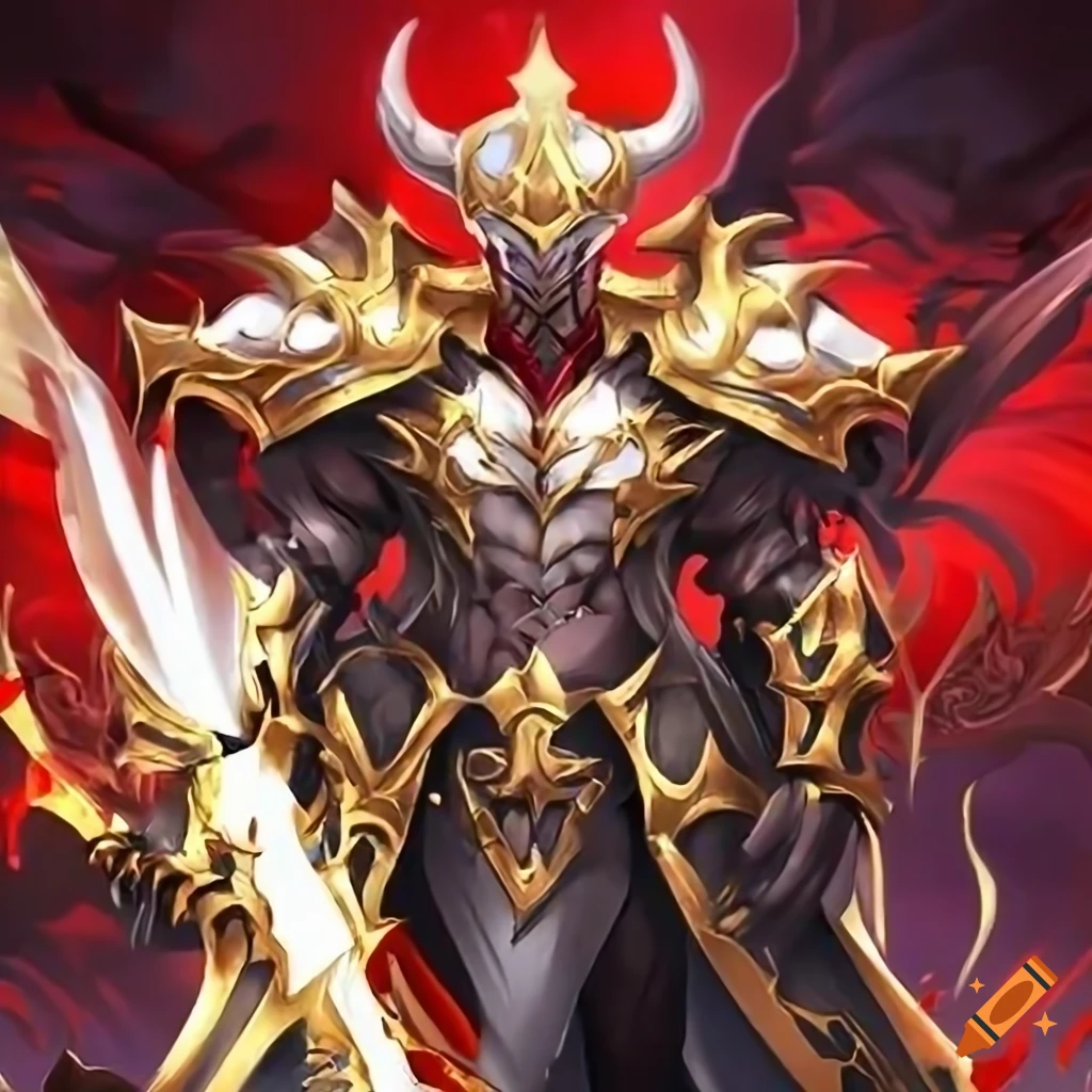 Anime-style heroic knight with demon horns and divine aura on Craiyon