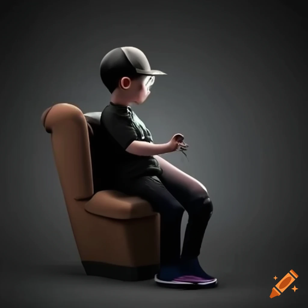 3D illusion of a boy in a black shirt sitting on a Wingback Chair with sneakers and sunglasses