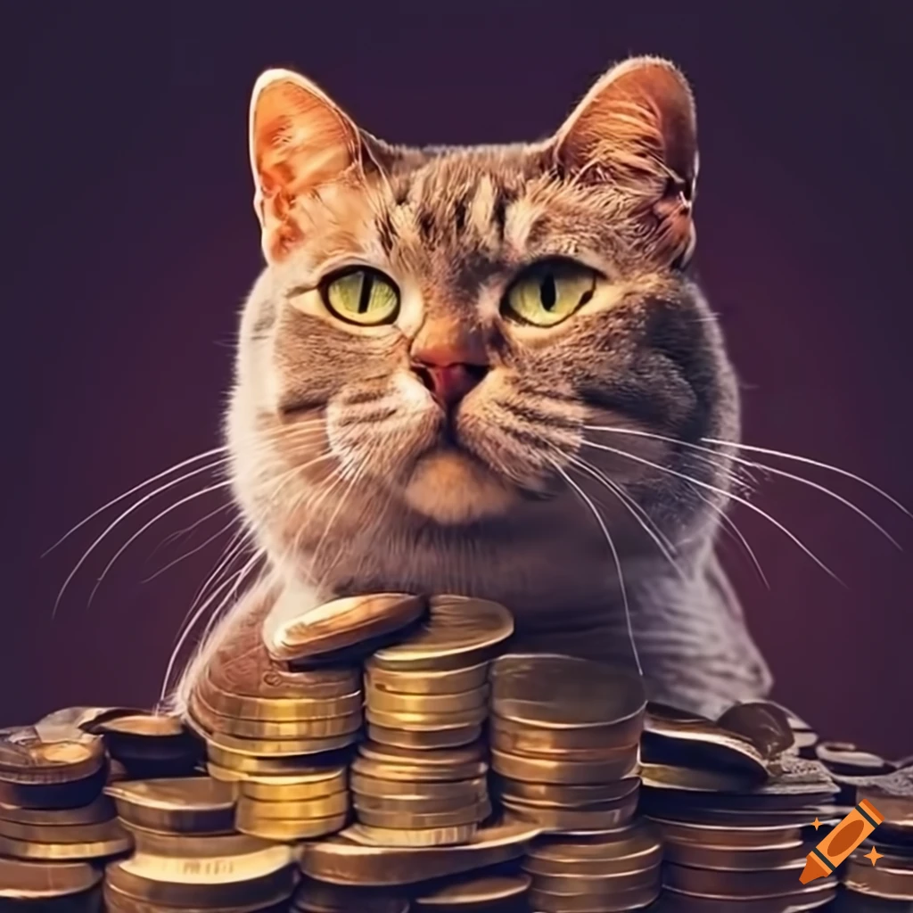 Cat sitting on a pile of coins on Craiyon