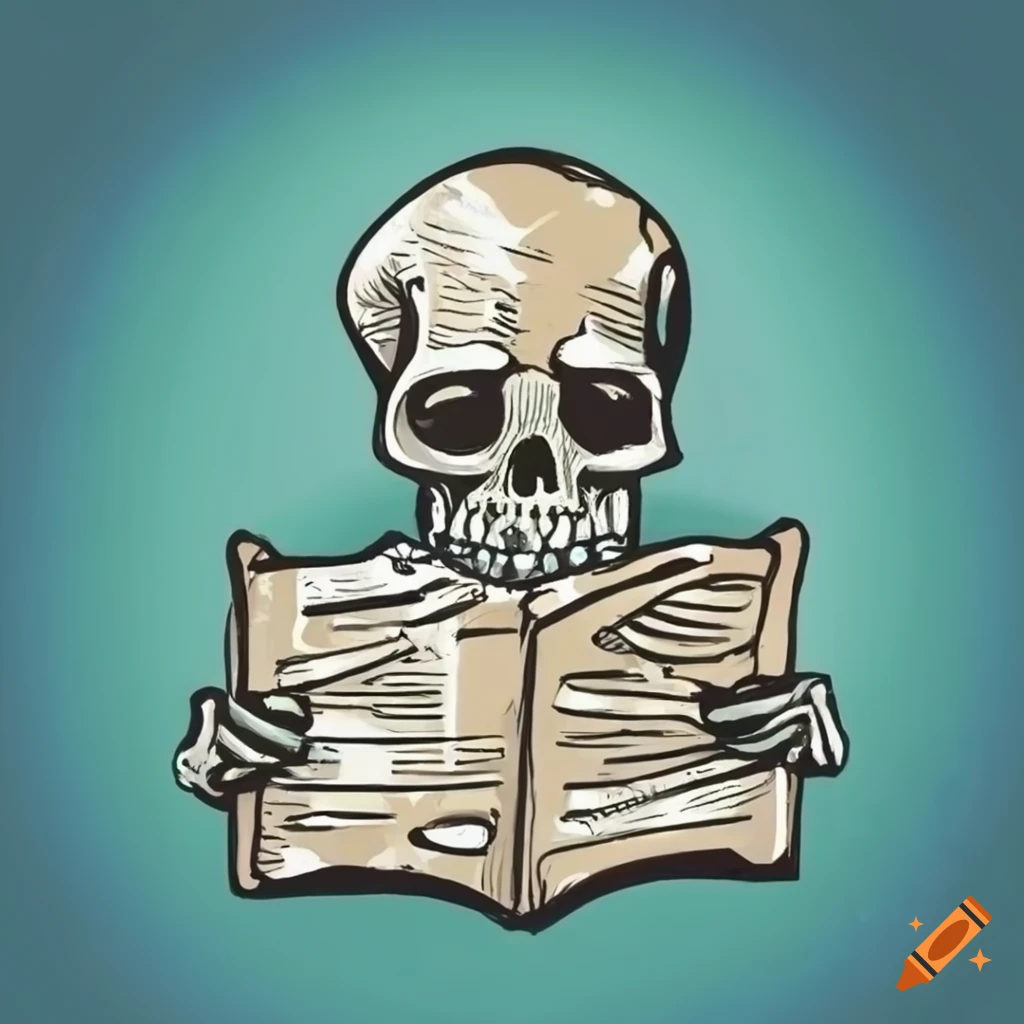 Skeleton reading a newspaper in a doodle art style