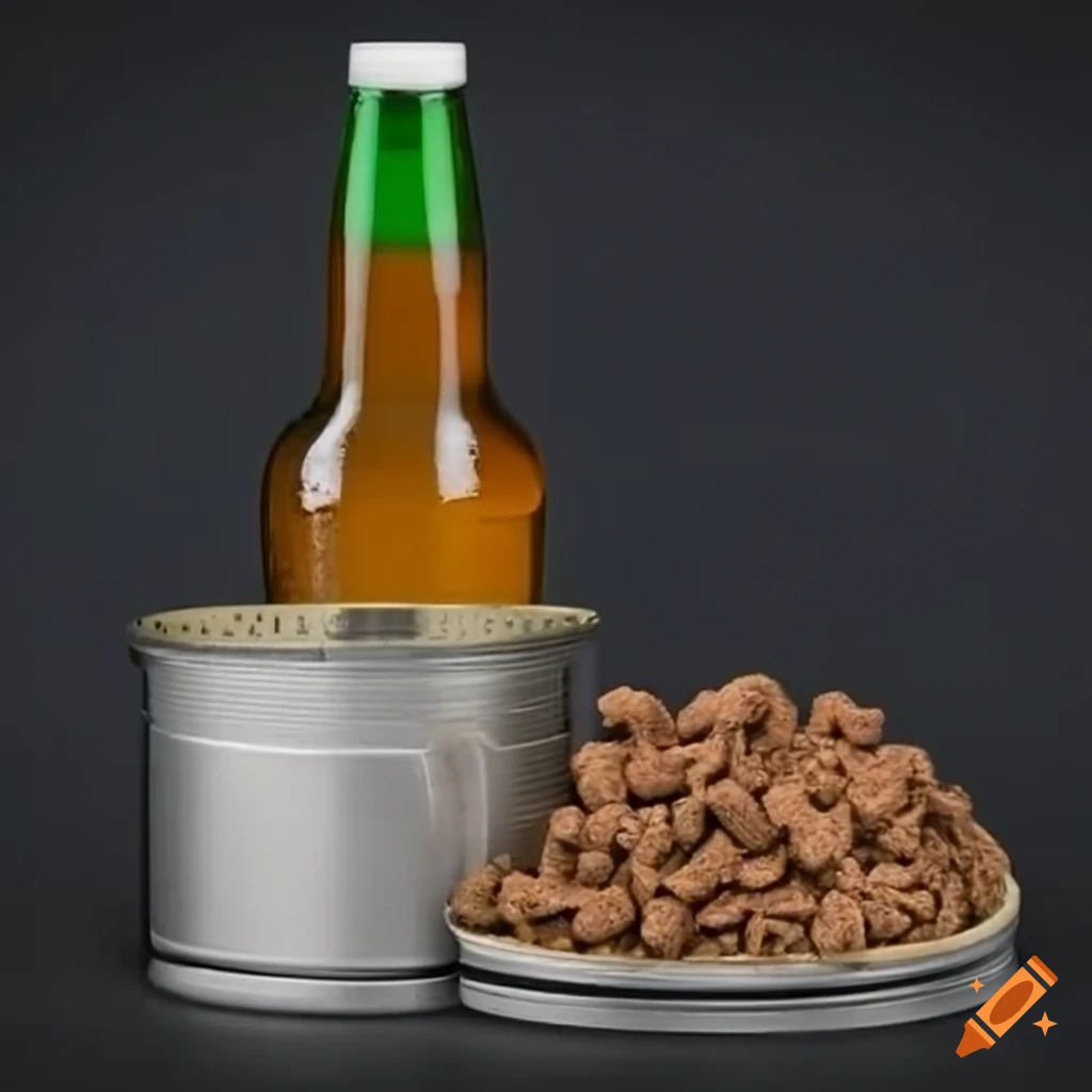 Cat food in tin with beer bottle and glue on Craiyon