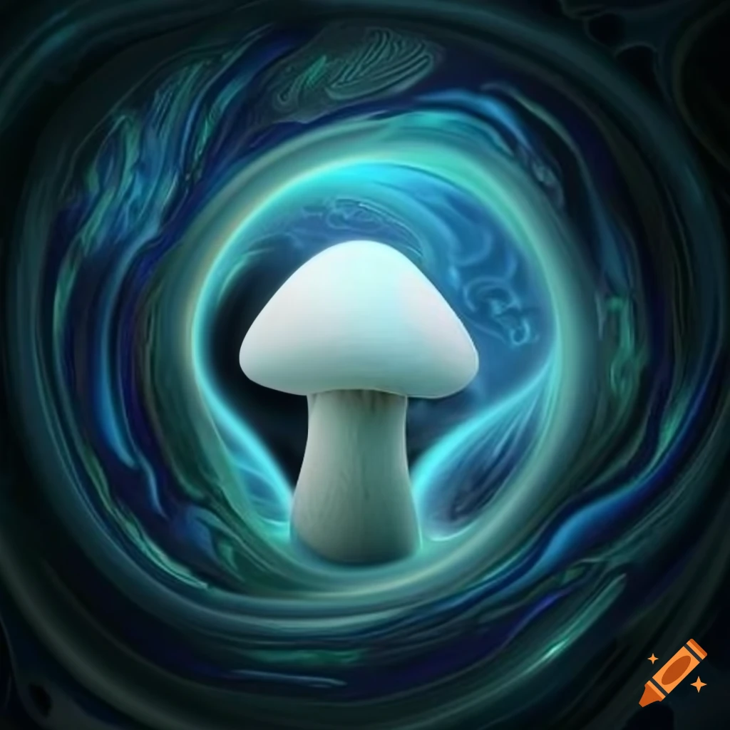 Dualistic themed logo with white mushroom reflecting upon its ego in fractal liquid style