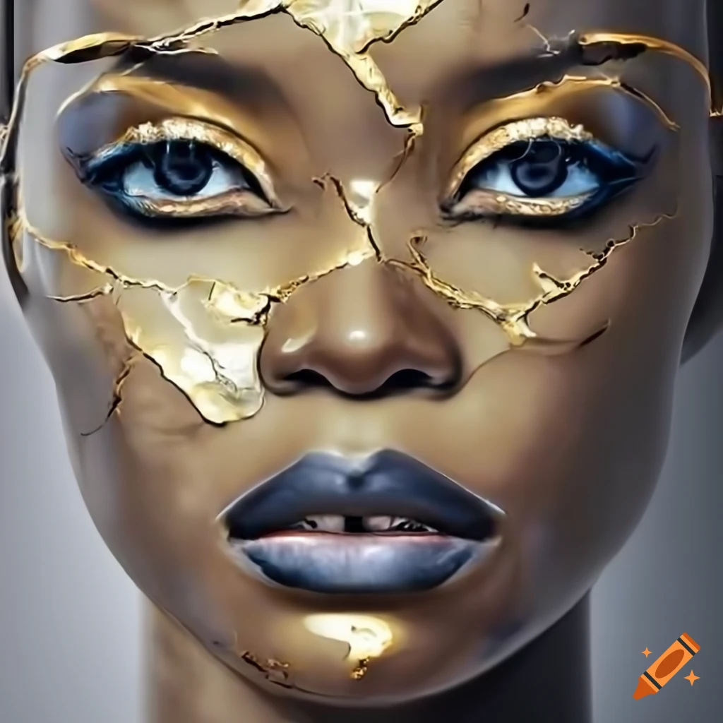 High definition image of a porcelain black woman's face with gold