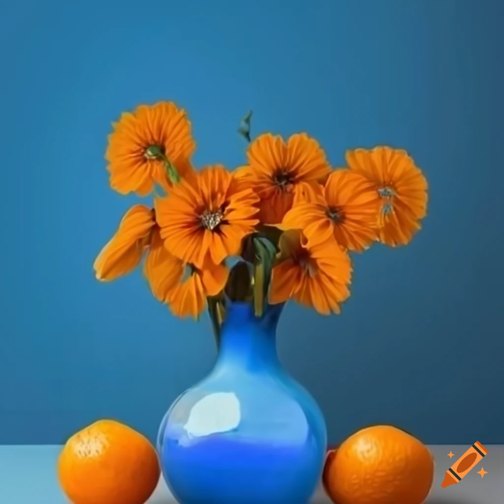 Still life with blue vase and orange flowers on blue gradient background