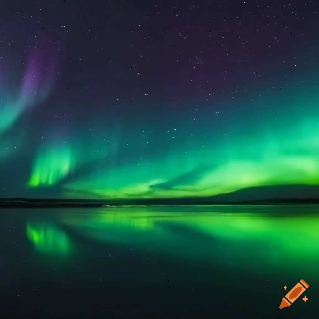 Russian landscape with dramatic aurora borealis night sky
