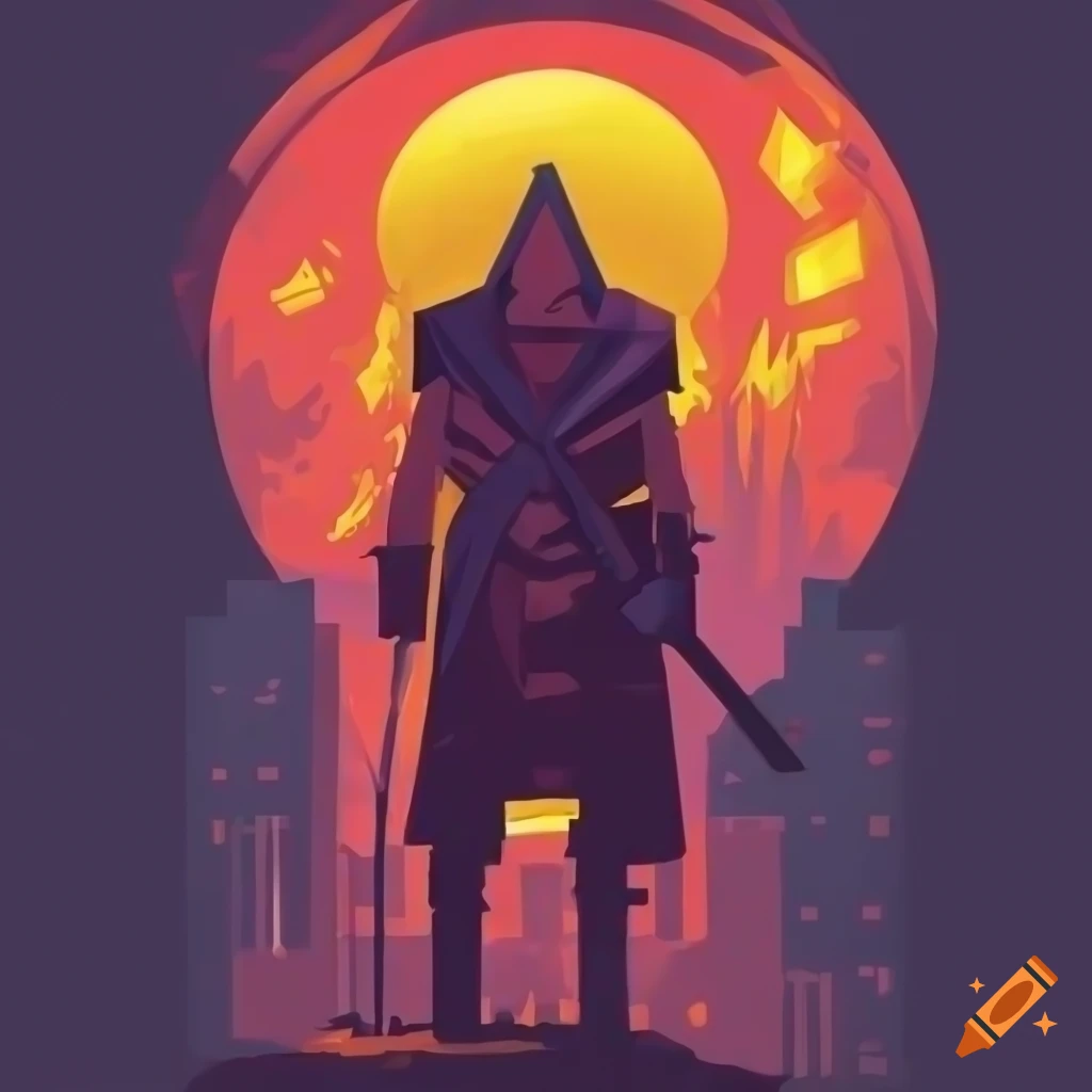 Fire warrior in a night city wearing a sleeveless trench coat made of fire