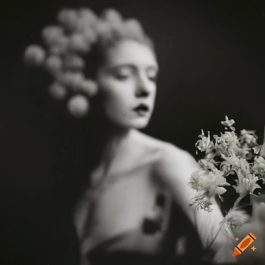 Blurred image of a woman with a large garlic flower in vintage