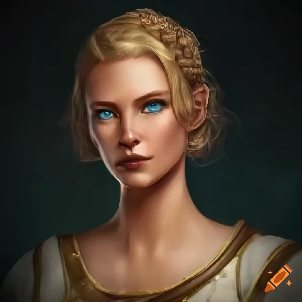 Portrait of a female human character in viking and roman empire attire ...