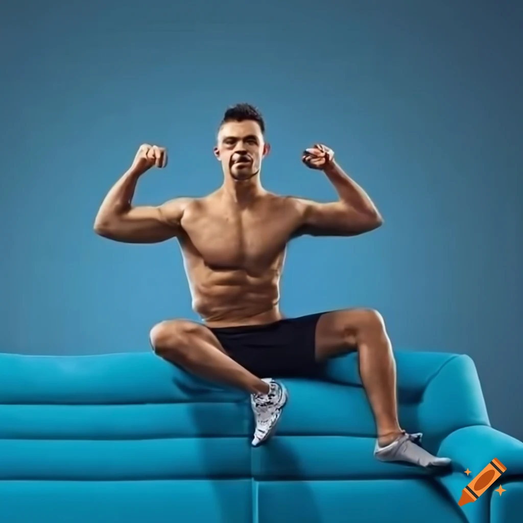Athletic young man with outdoor clothing posing on a blue couch