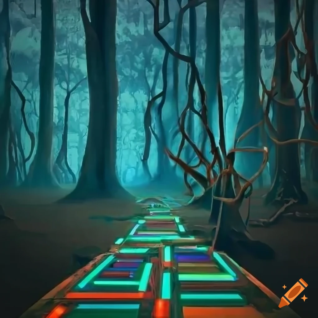 Colorful lights and geometric floor in a mysterious swampy forest scenery