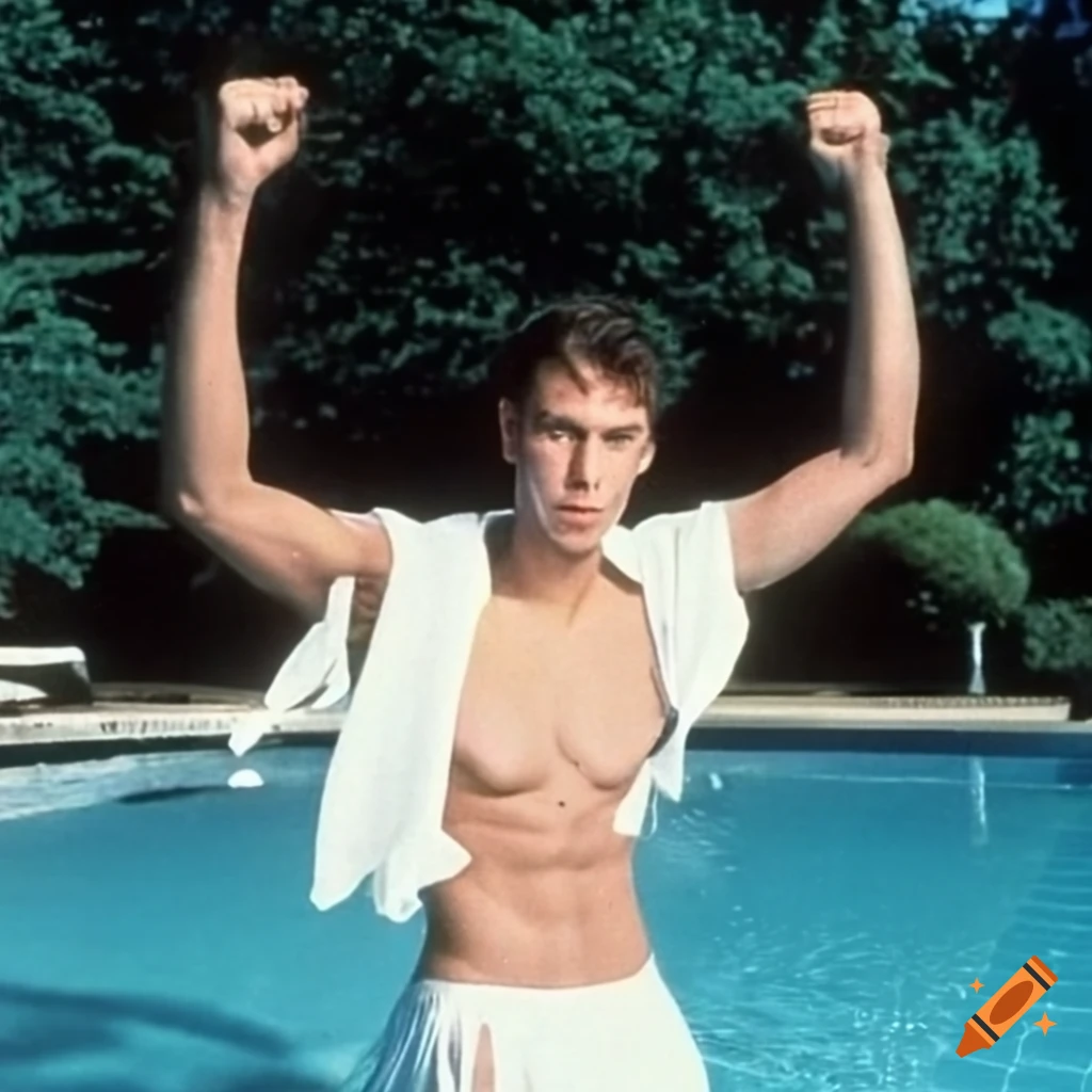 Muscular man with torn toga at pool party in 1992
