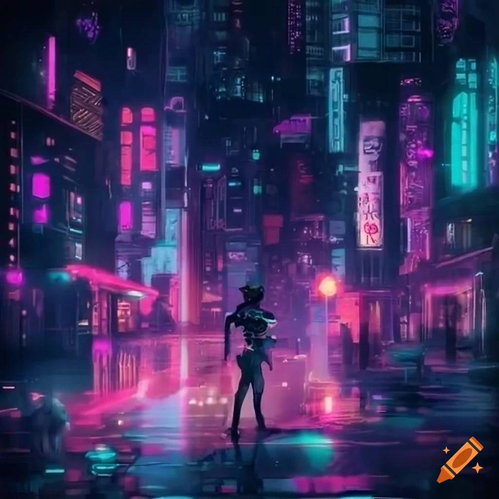Cityscape with biopunk elements depicting neon-lit streets and ...