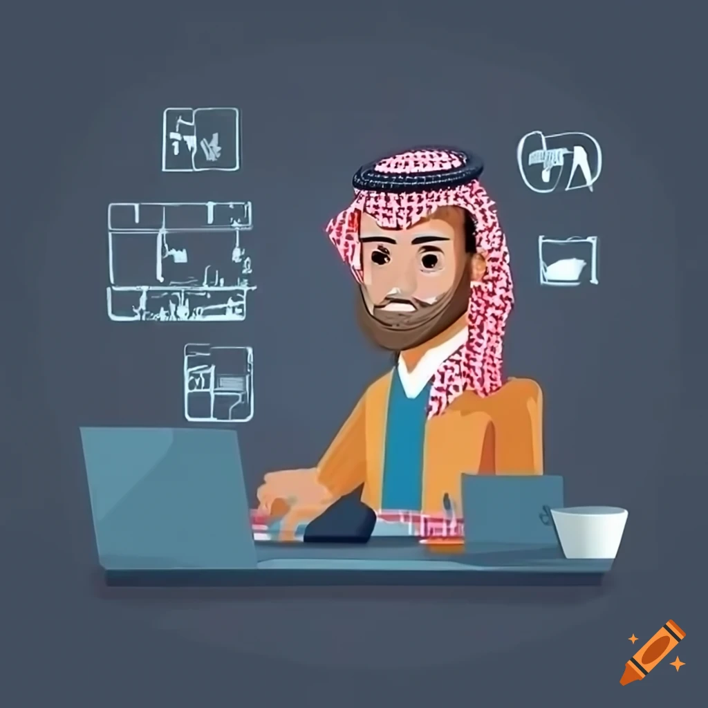 Man working at a desk with programming and website design icons on Craiyon